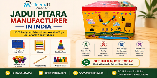 Jadui Pitara manufacturer in India banner featuring NCERT-aligned wooden educational toys and bulk supply solutions by Meroxio Toys.