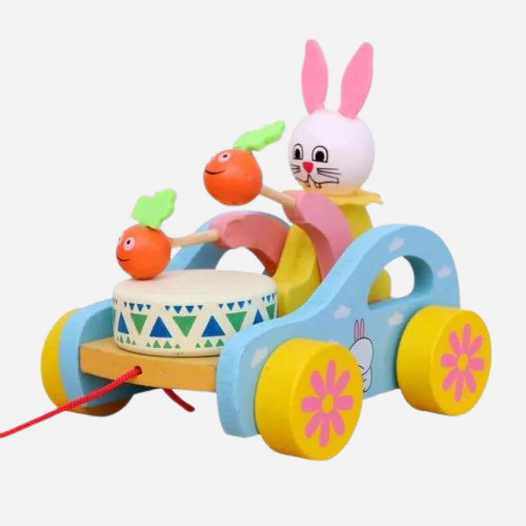 Wooden Bunny Drummer Push-Pull Car Toy – Fun, Musical & Eco-Friendly Learning Toy